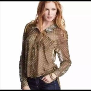 Free People Easy Rider Green Paisley Sheer Button Down Blouse. L